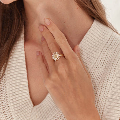 Colored Sunflower Adjustable Ring - White worn by a female model on her middle finger