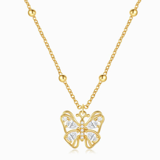 White Stone Butterfly Necklace Gold in a white background