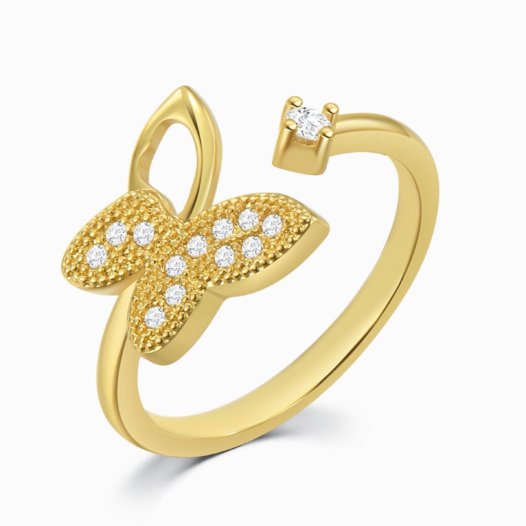 Diamond Studded Butterfly Adjustable Gold Ring in a white background