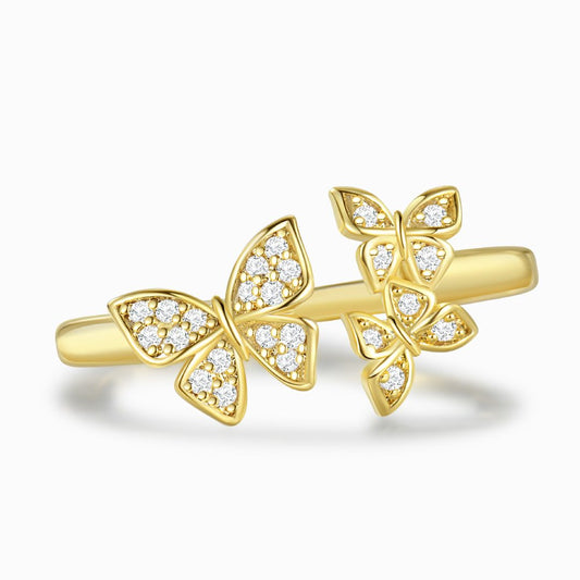 Diamond Studded Triple Butterfly Adjustable Ring in a white background