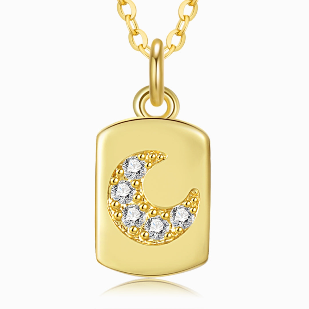 Jeweled Moon Gold plated Tag Necklace on a white background