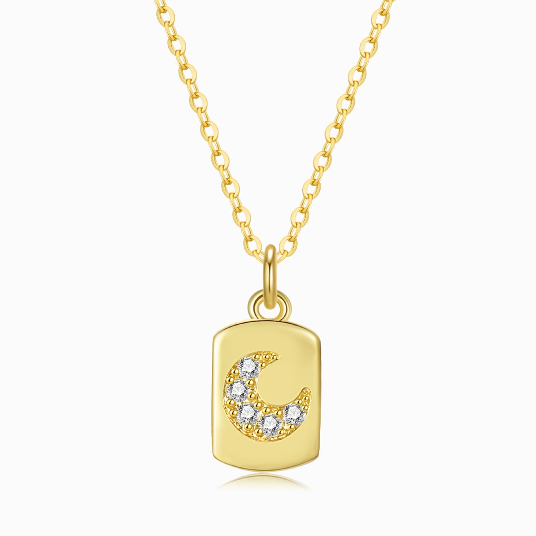 Jeweled Moon Gold Tag Necklace on a white background