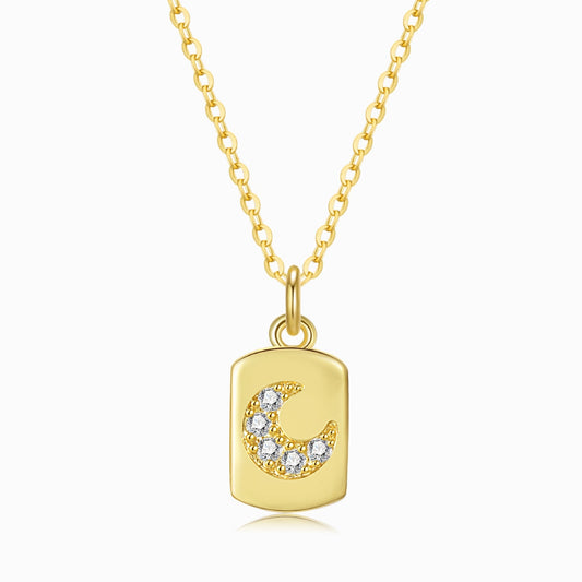 Jeweled Moon Gold Tag Necklace on a white background