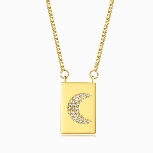 Jeweled Moon Gold Square Pendant Necklace